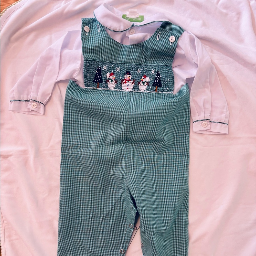 Boys Smocked Christmas Overalls with Peter Pan collar shirt